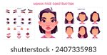 Female face constructor set for game avatar. Vector cartoon illustration of young caucasian woman head, eyebrows, eyes, nose, mouth, brunette hairstyles collection isolated on white background