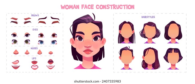 Female face constructor set for game avatar. Vector cartoon illustration of young caucasian woman head, eyebrows, eyes, nose, mouth, brunette hairstyles collection isolated on white background