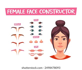 Female Face Constructor With Various Brows, Eyes, Noses, And Lips Options. Facial Features For Creating Unique Avatars