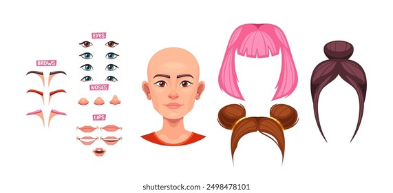 Constructor Facial Femenino Con Varias Características Faciales Y Peinados, Ojos, Cejas, Nariz Y Labios. Ilustración de dibujos animados