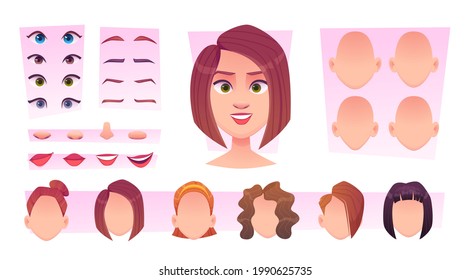 Female face constructor. Woman avatar creation kit face parts eyes lips head nose smile emotions exact vector cartoon templates