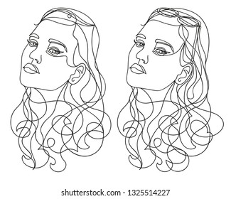 Female face continuous line, drawing of set faces and hairstyle, fashion concept, woman beauty minimalist, vector illustration for t-shirt, slogan design print graphics style.