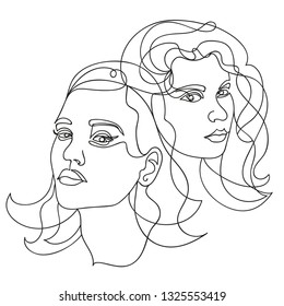 Female face continuous line, drawing of set faces and hairstyle, fashion concept, woman beauty minimalist, vector illustration for t-shirt, slogan design print graphics style.