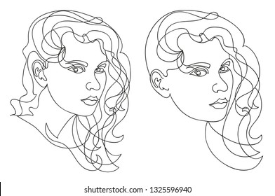 Female face continuous line, drawing of set faces and hairstyle, fashion concept, woman beauty minimalist, vector illustration for t-shirt, slogan design print graphics style.