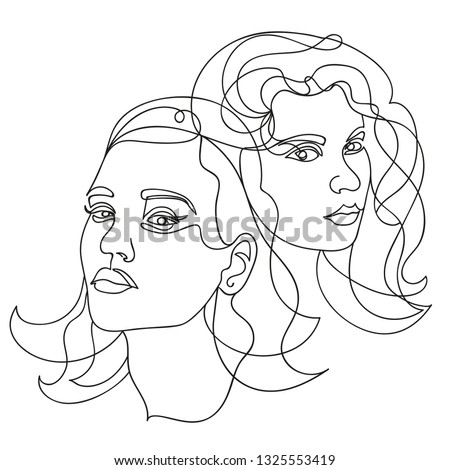 Female face continuous line, drawing of set faces and hairstyle, fashion concept, woman beauty minimalist, vector illustration for t-shirt, slogan design print graphics style.