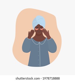 Female face with cosmetic patches under her eyes, elderly woman, wrinkles,  beauty saloon, cosmetic facial treatment in old age, cartoon style. Concept, sticker, minimalism, vector illustration 