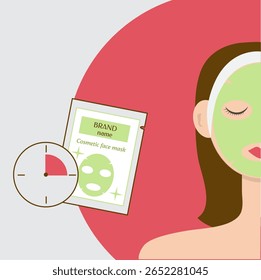 Female face with cosmetic sheet mask, Facial skin care cosmetic procedure, for women, Female character, watch, facial skin mask in a bag