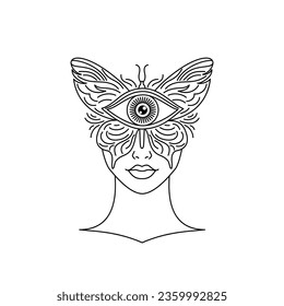 Female face covered with a butterfly. The third eye. The theme of magic and the occult.Tattoo idea.