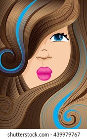 female face covered with curly hair and brown curly locks with