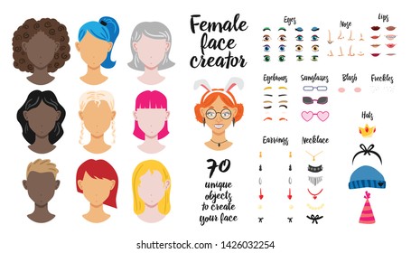 Female face creator set of seventy unique objects to create woman face flat vector illustration