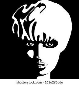 Female face as a cutout in a black square.