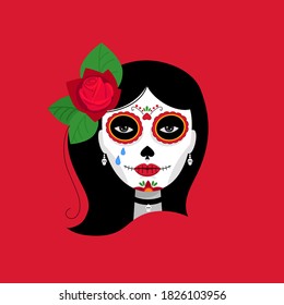 female face day of the dead skeleton red rose vector illustration