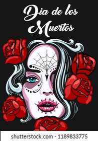 Female face with dead skull make, rose flowers and spanish wording Dia de los Muertos what means Day of the Dead. Mexican Holiday poster design. Vector illustration.