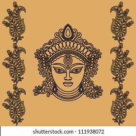 female face with decorative floral designs on a beige background