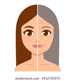 Female face divided in half, young girl and old woman with wrinkles. Cartoon style vector illustration.