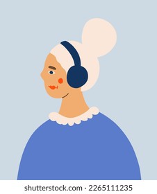 Female face in elegant dress and headphones. Woman empowerment movement pattern. Vector illustration for International women's day. 