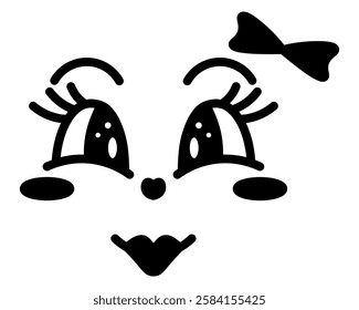 Female face with emotions. Sketch. Smiling expression, blush, eyelashes, bow. Vector illustration. Outline on isolated white background. Doodle style. Cute grimace. Idea for web design.