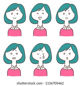 Female face expression of pink clothes 6 kinds