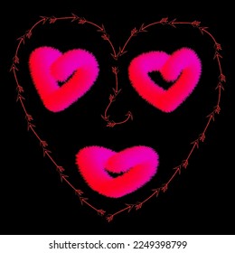 Female face with eyes and lips of hearts and oval face of arrows on black background. Valentine's Day Concept.