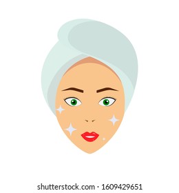 Female face in flat style. Cosmetology procedures. Cosmetology. Face cleaning. Clean skin. Skin care. Vector.