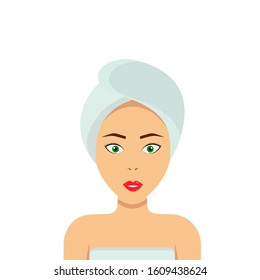 Female face in flat style. Human. Woman after a shower. Vector.