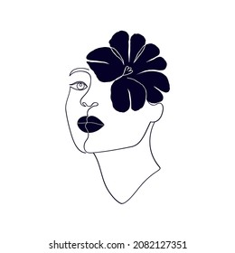 Female face with flower in modern line art style.
