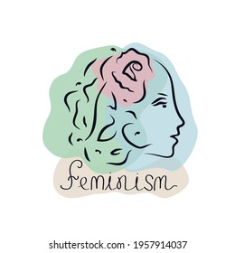 Female face flower rose leaves hair logo icon sign Summer spring symbol emblem Feminism inscription lettering design Cartoon children's style Fashion print clothes apparel greeting invitation card