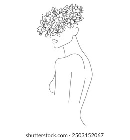 Female Face with Flowers Line Art Vector Illustration. Sketch Black Silhouette of Woman Floral Head on White Background. Woman Portrait Linear Illustration for Modern Design