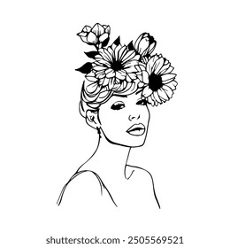 Female Face with Flowers Line Art Vector Illustration. Sketch Black Silhouette of Woman Floral Head on White Background. Woman Portrait Linear Illustration for Modern Design