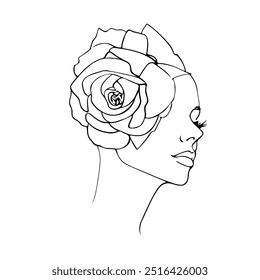 Female Face with Flowers Line Art Vector Illustration. Sketch Black Silhouette of Woman Floral Head on White Background. Woman Portrait Linear Illustration for Modern Design