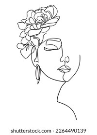 Female Face with Flowers. Modern Minimalist Simple Linear Style. Beauty Fashion Design