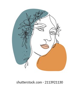 Female face with flowers one line drawing. The art of drawing a continuous line. Bouquet of flowers in female head single line art. Abstract minimal portrait continuous line.