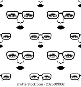 Female face in glasses, black on a white background, texture for design, seamless pattern, vector illustration