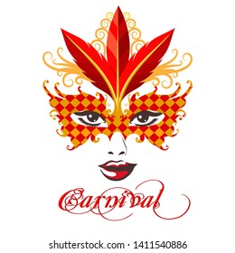 Female face in Gold and red Venetian Carnival Mask and wording Carnival. Vector illustration.