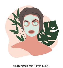 Female face with green leaves on background. Beauty cosmetic mask with cucumbers on eyes. Beautiful young woman applying cosmetic product. Skin care banner. Self-care concept. Flat vector illustration