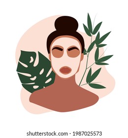 Female face with green leaves on background. Beauty cosmetic mask. Beautiful young woman applying cosmetic product. Skin care banner. Self-care concept. Flat vector illustration