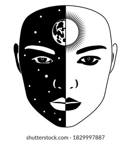 Female face half day half night with sun and moon. Juxtaposition and balance of opposite principles. Black and white silhouette. Creative concept.