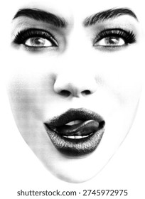 Female face, halftone dotted texture. Illustration of a womans face, defined brows, and full lips using precise dot patterns. Ideal for graphic design, fashion, or pop art.