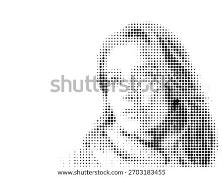 Female face, halftone dotted texture, polka dot motif, International Women's Day (March 8), vector, minimalist design, clean lines, pop art style, for postcards.vector