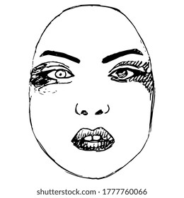 Female face. Hand drawn linear doodle sketch. Black and white silhouette.