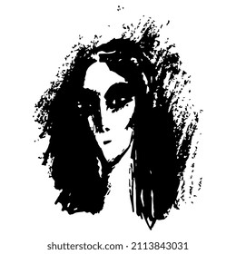 Female face. Hand drawn rough sketch. Black and white silhouette. Portrait of a lady in darkness.