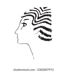 Female face hand-drawn doodle. Woman profile with the hairstyle. Suitable for barbershop design, postcards, print, emblems, and logos. Vector illustration.