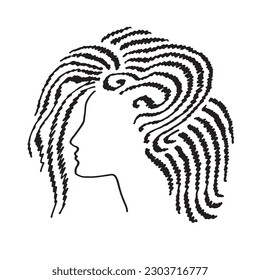 Female face hand-drawn doodle. Woman profile with the hairstyle. Suitable for barbershop design, postcards, print, emblems, and logos. Vector illustration.