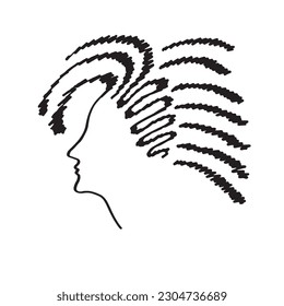 Female face hand-drawn doodle. Woman profile with the hairstyle. Suitable for barbershop design, postcards, print, emblems, and logos. Vector illustration.