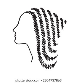 Female face hand-drawn doodle. Woman profile with the hairstyle. Suitable for barbershop design, postcards, print, emblems, and logos. Vector illustration.