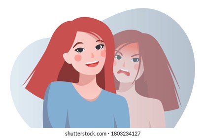 Female face is happy and angry. Split personality. Diagnosis of internal hatred. Bipolar disorder. Flat vector illustration of a redhead woman hiding her emotions.