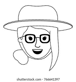 female face with hat and glasses with collected hair and fringe in black dotted silhouette