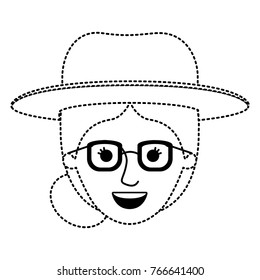 female face with hat and glasses and collected hair in black dotted silhouette