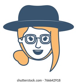 female face with hat and glasses with collected hair and fringe in color sections silhouette
