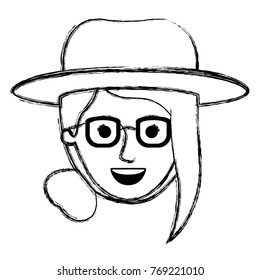 female face with hat and glasses with collected hair and fringe in monochrome blurred silhouette